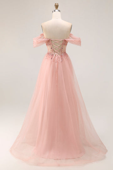 Blush Off The Shoulder Beaded A Line Tulle Long Prom Dress